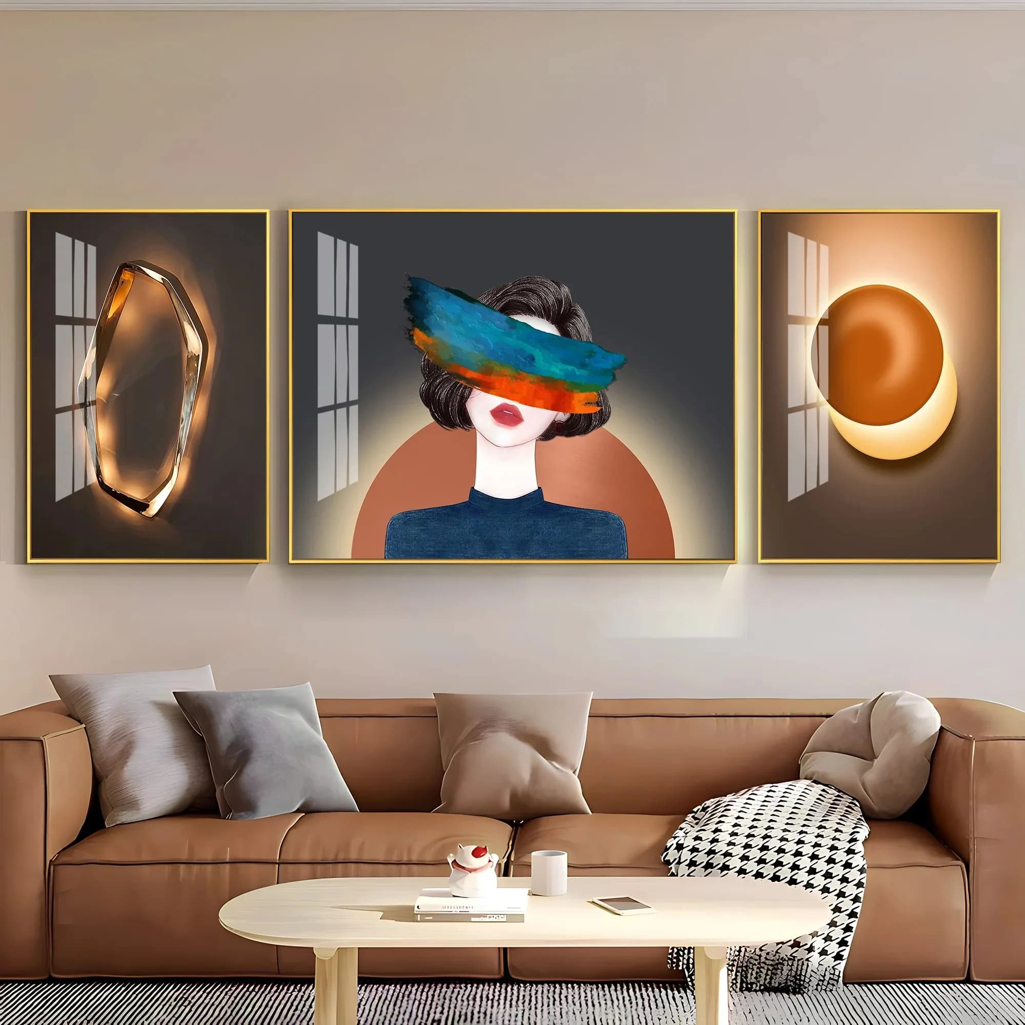 A living room with a gallery wall and a low sofa