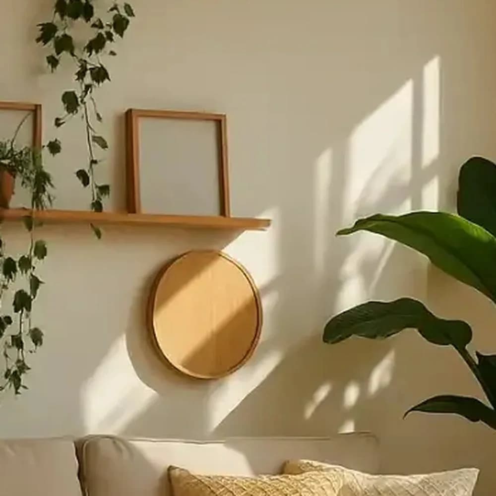 Round teak-rim wall mirror — Jaipur Collection