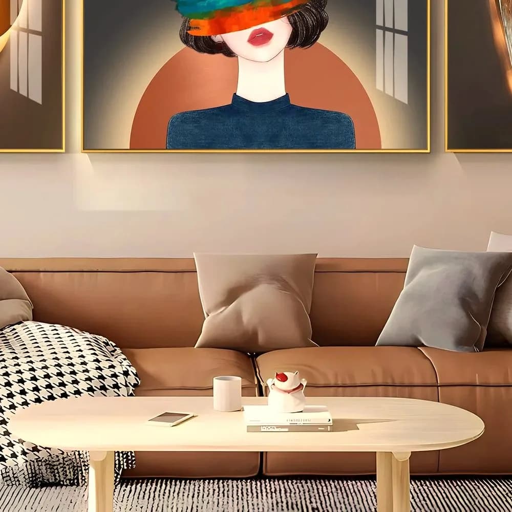 Cognac leather three-seater sofa — in the room