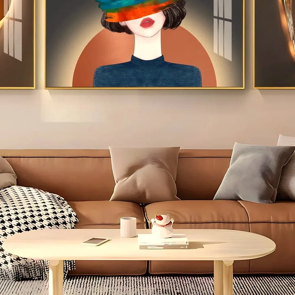 Cognac leather three-seater sofa — Nordic Line — in the room