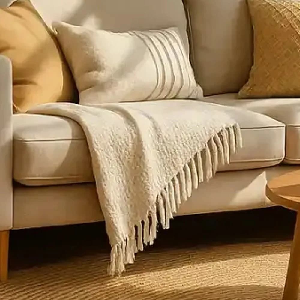 Fringed cream throw — Coastal Series