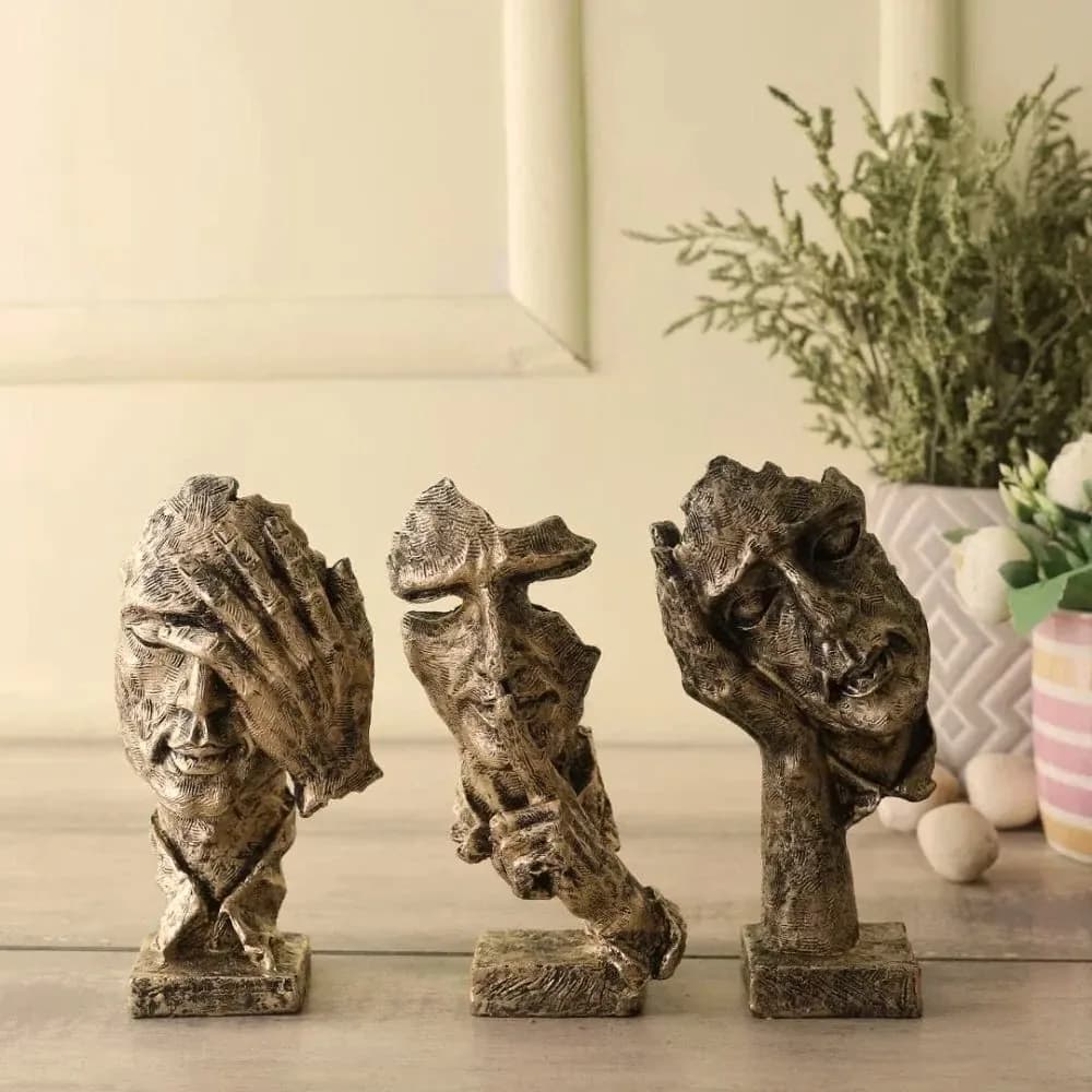 Silence trio abstract face sculptures — Nordic Line — in the room