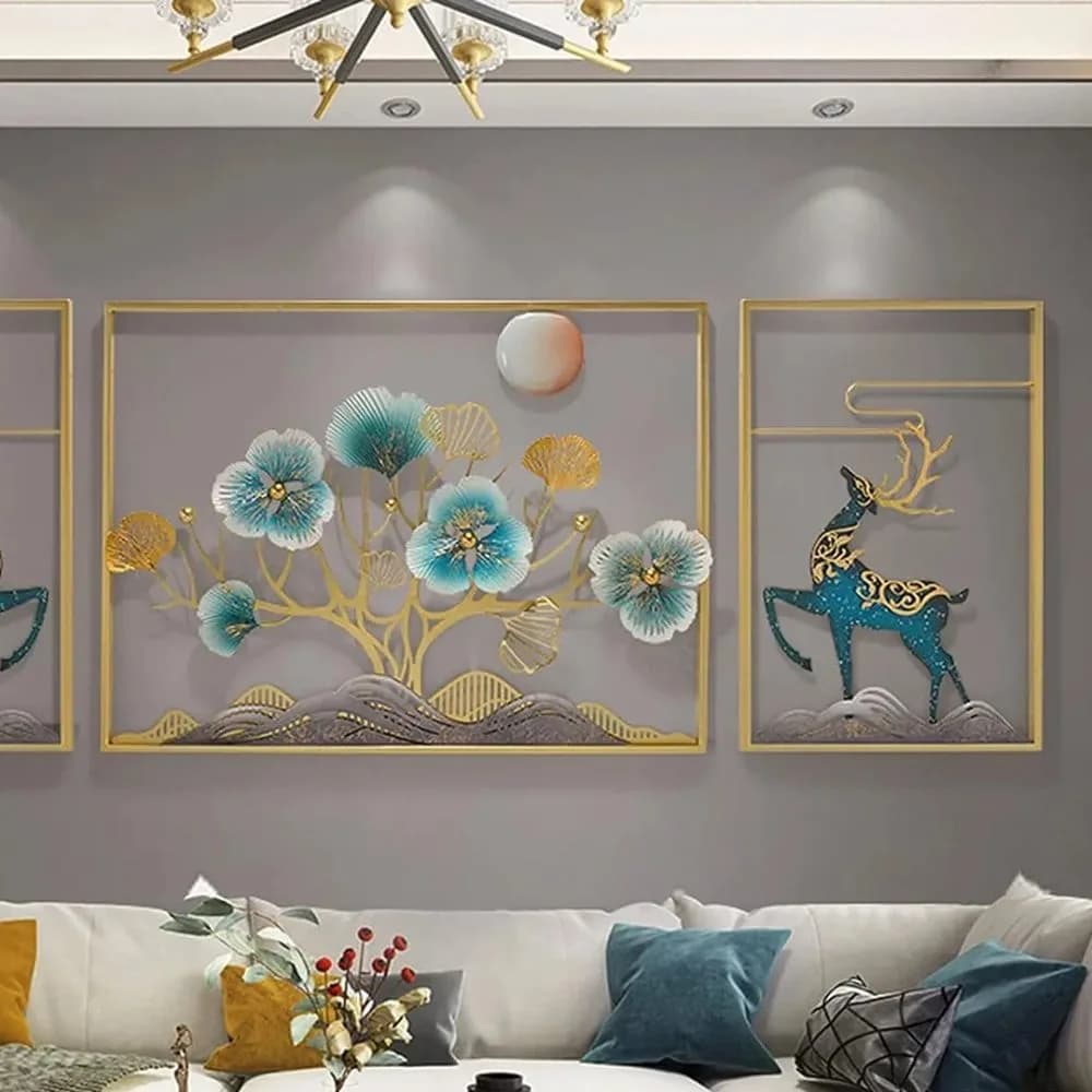 Gilded deer & blossom metal wall art — Nordic Line