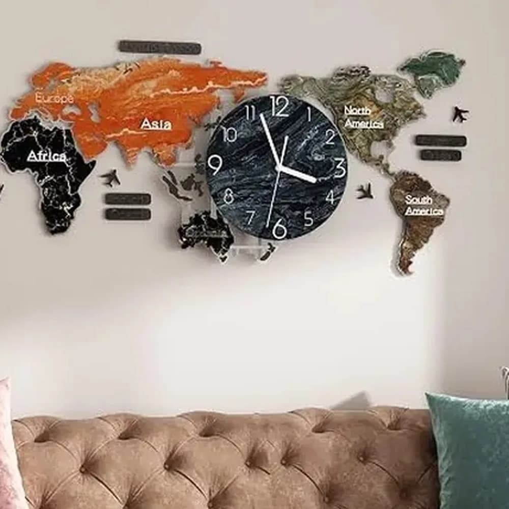 Atlas world-map wall clock — Coastal Series