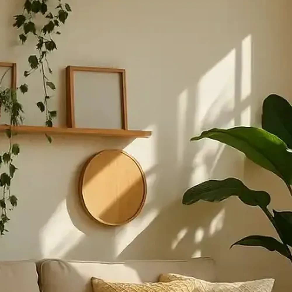 Round teak-rim wall mirror