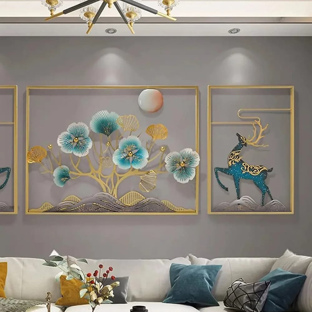 Gilded deer & blossom metal wall art — Coastal Series