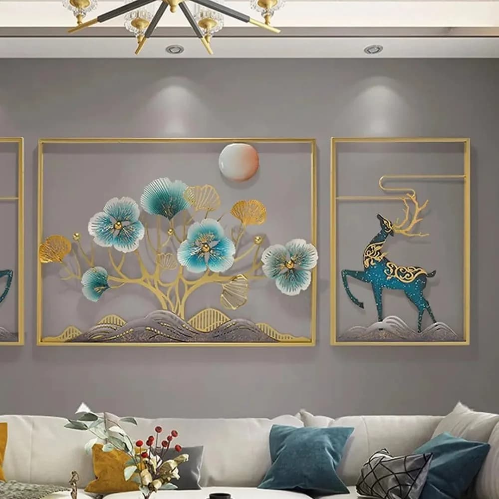 Gilded deer & blossom metal wall art