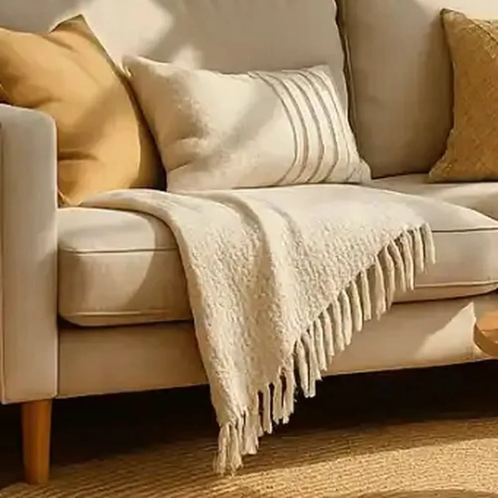 Fringed cream throw — Jaipur Collection